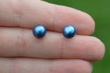 7-8 mm AAA Blue Fresh Water Pearl Stud Earrings on Sterling Silver