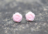 Pink Roses Flower Stud Earrings on Sterling Silver, Mother of Pearl Carved Shell