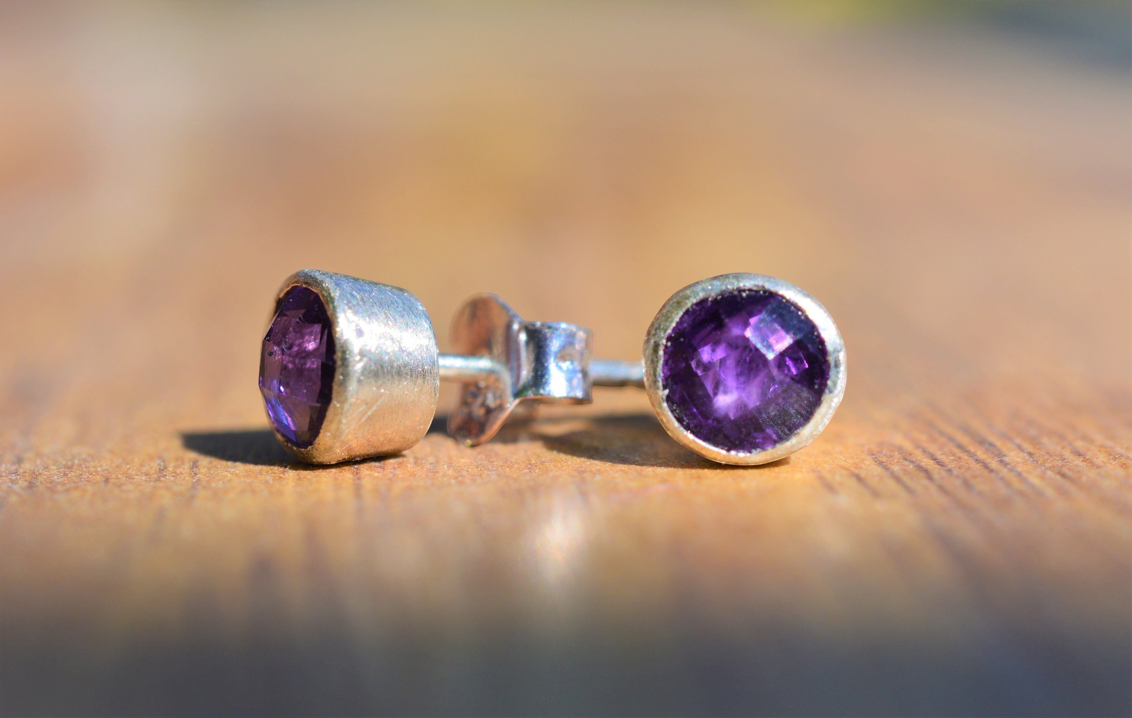Blue Dragonfly Creations handmade round rose cut amethyst stud earrings set in satin finish 925 sterling silver