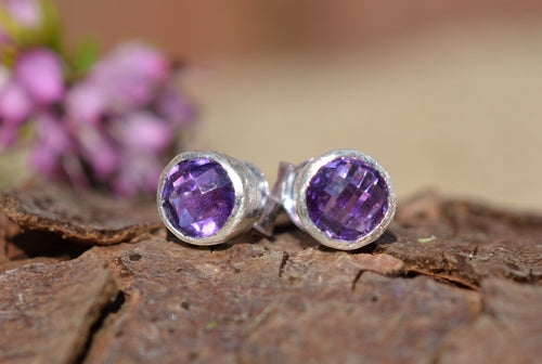 Blue Dragonfly Creations handmade round rose cut amethyst stud earrings in satin finish 925 sterling silver settings