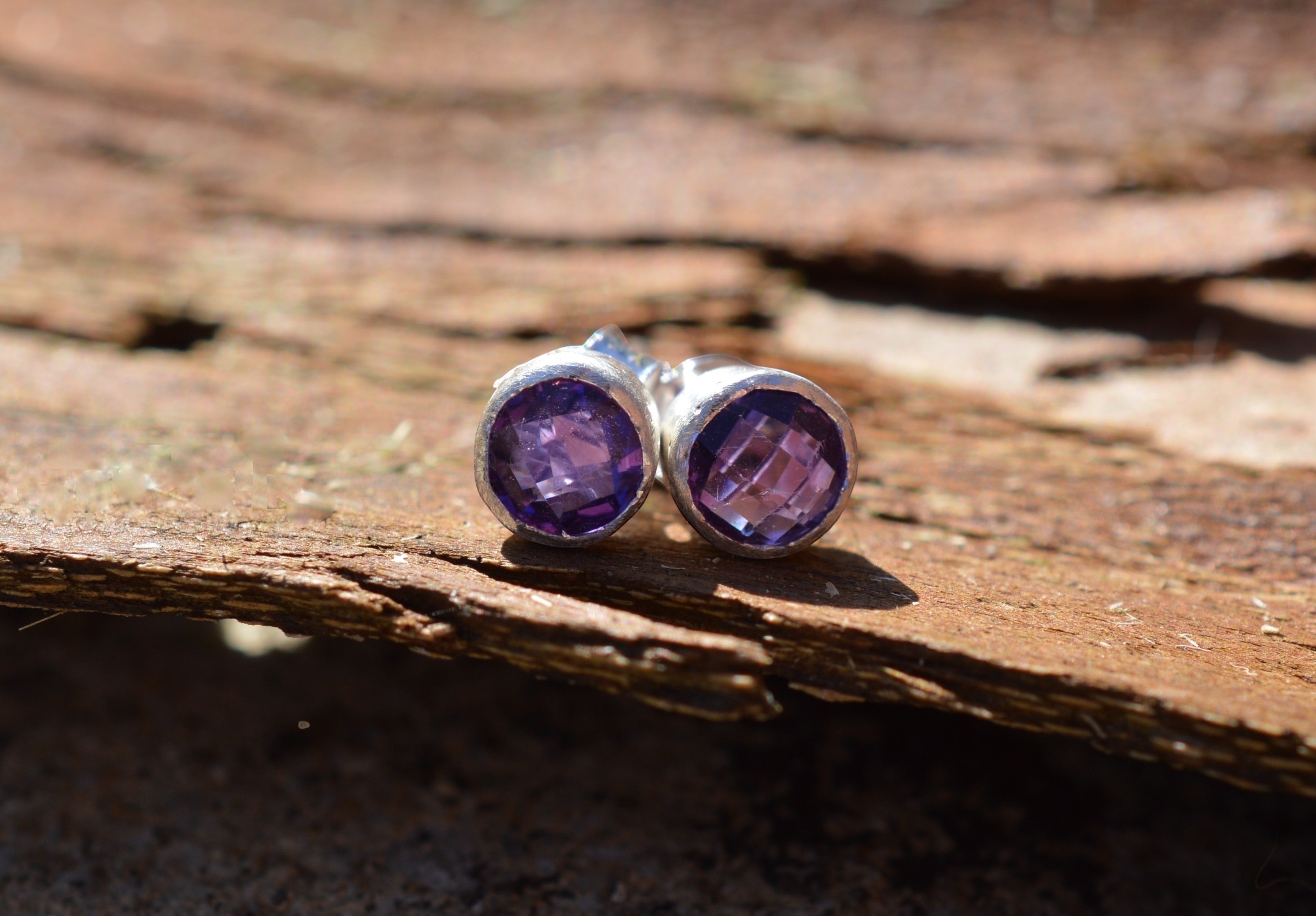 Blue Dragonfly Creations handmade round rose cut amethyst stud earrings in satin finish 925 sterling silver settings.