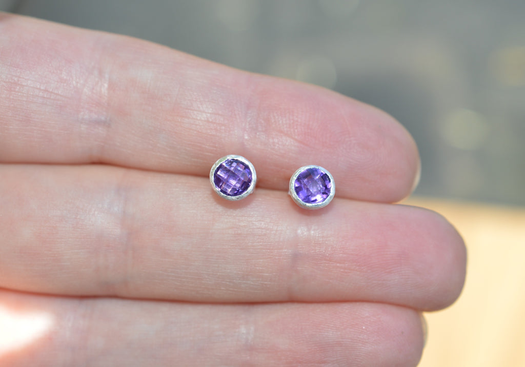 Blue Dragonfly Creations handmade round rose cut amethyst stud earrings set in satin finish 925 sterling silver bezels.