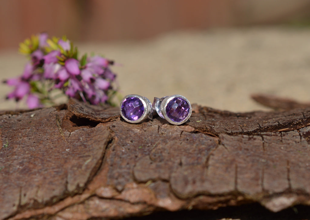 Blue Dragonfly Creations handmade round rose cut amethyst stud earrings in satin finish 925 sterling silver settings.