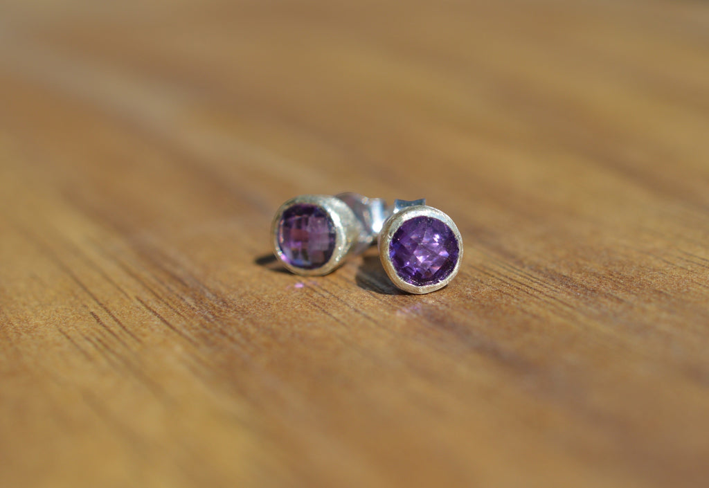 Blue Dragonfly Creations handmade round rose cut amethyst stud earrings in satin finish 925 sterling silver settings.