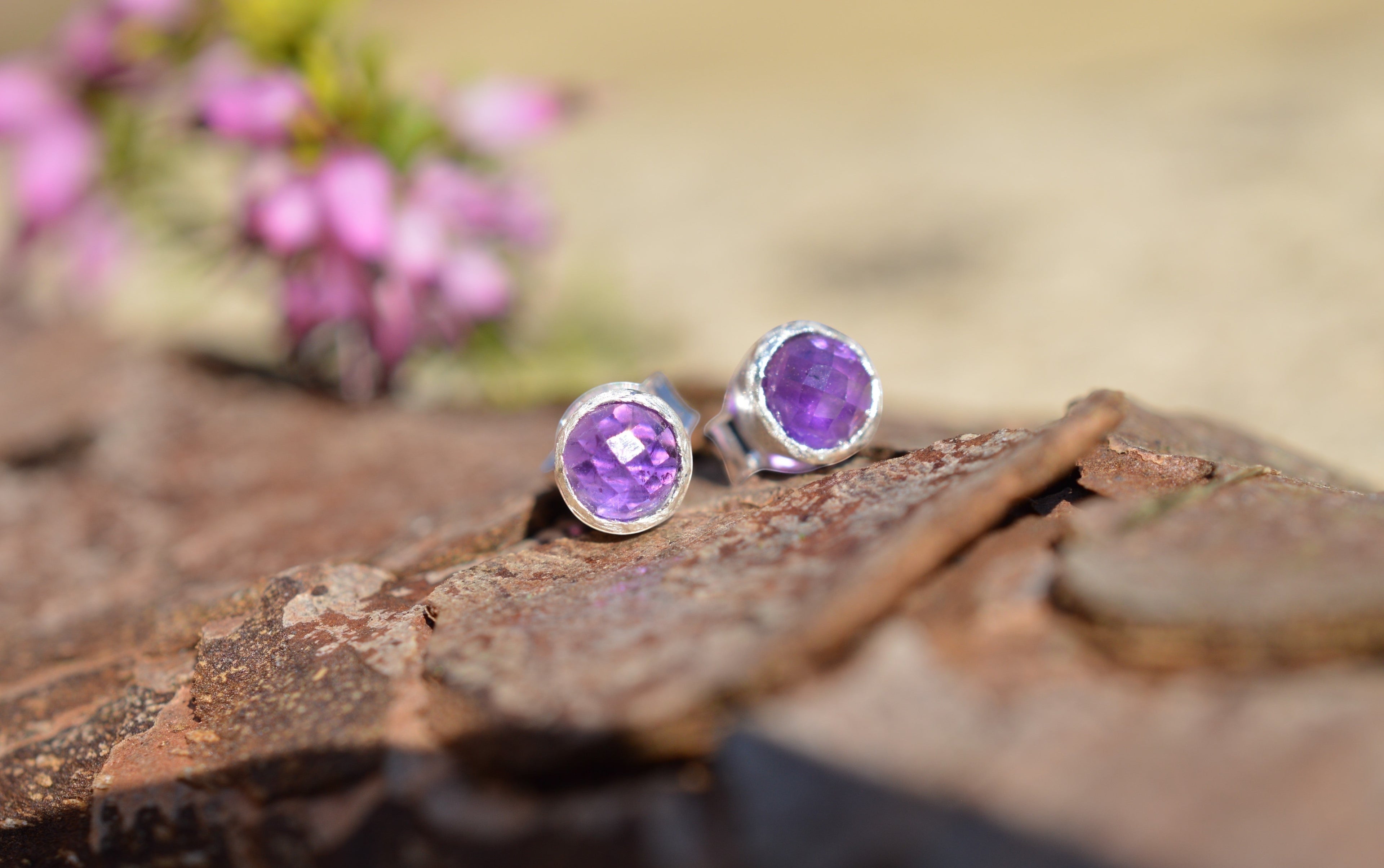 Blue Dragonfly Creations handmade round rose cut amethyst stud earrings in satin finish 925 sterling silver settings