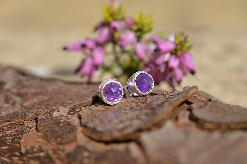 Blue Dragonfly Creations handmade round rose cut amethyst stud earrings set in satin finish 925 sterling silver