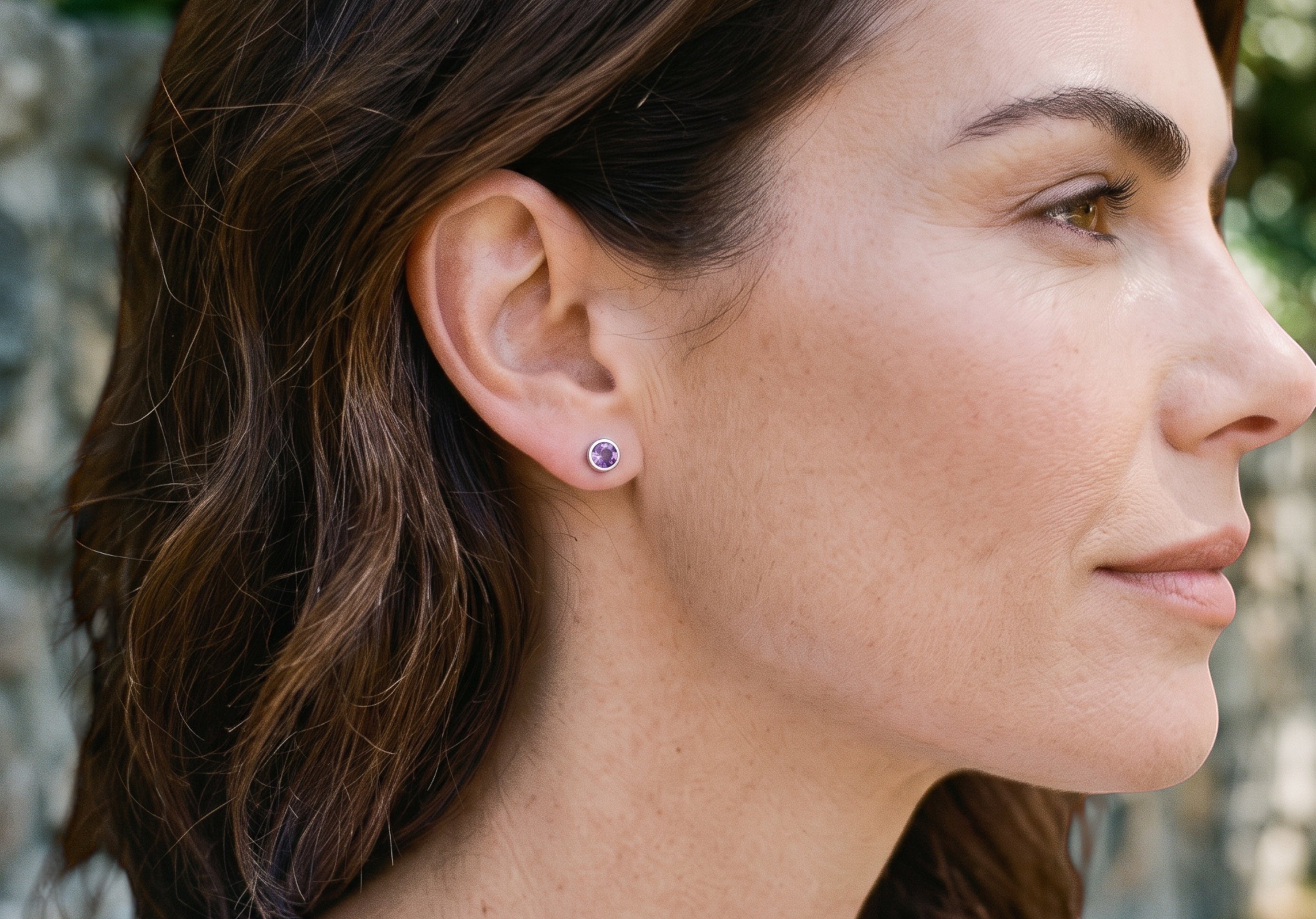 Blue Dragonfly Creations handmade round rose cut amethyst stud earrings in satin finish 925 sterling silver on model