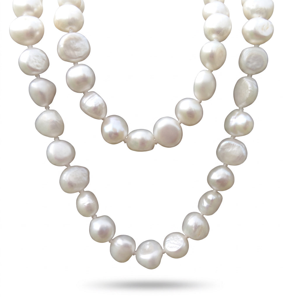 Blue Dragonfly Creations long white baroque freshwater pearl necklace with hand-knotted detailing between each pearl