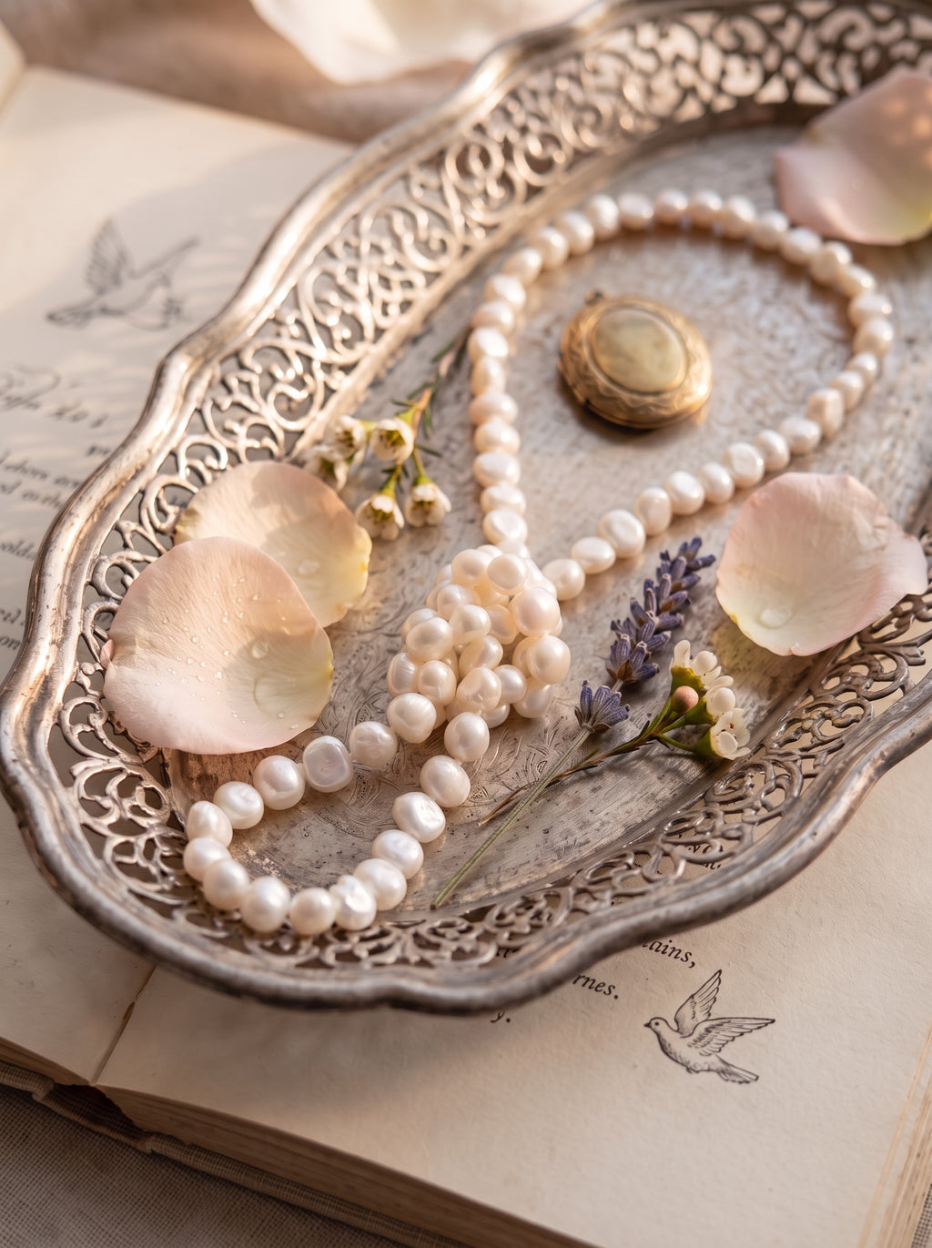 Blue Dragonfly Creations long hand-knotted white baroque freshwater pearl necklace on an ornate silver tray