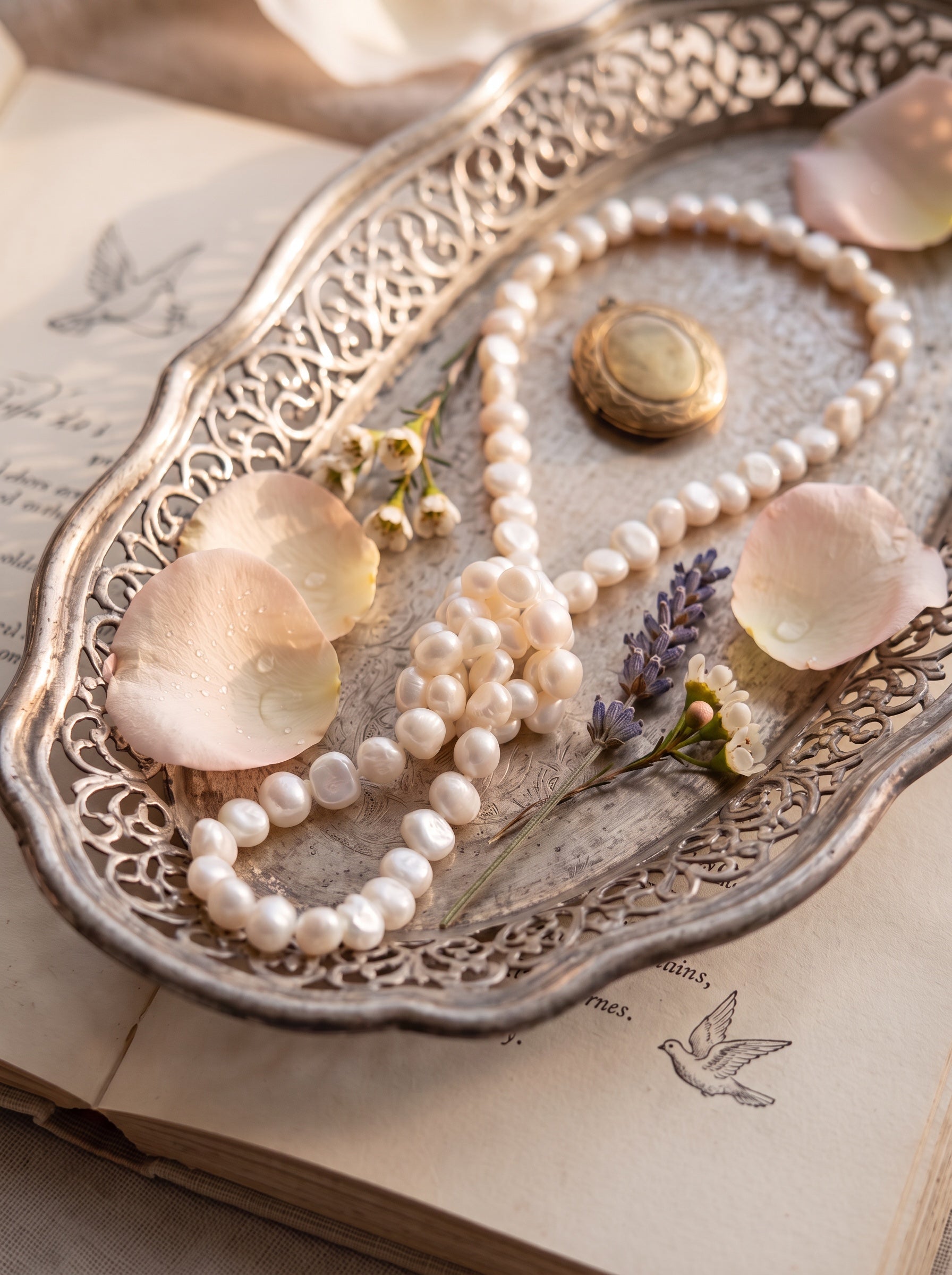 Blue Dragonfly Creations long hand-knotted white baroque freshwater pearl necklace on an ornate silver tray