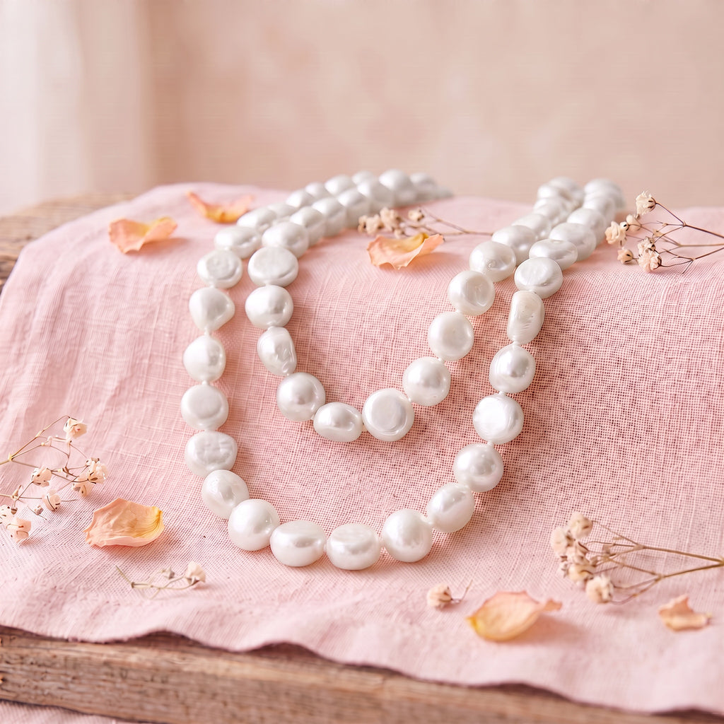 Blue Dragonfly Creations hand-knotted white baroque freshwater pearl necklace on a pink linen cloth with flower petals.