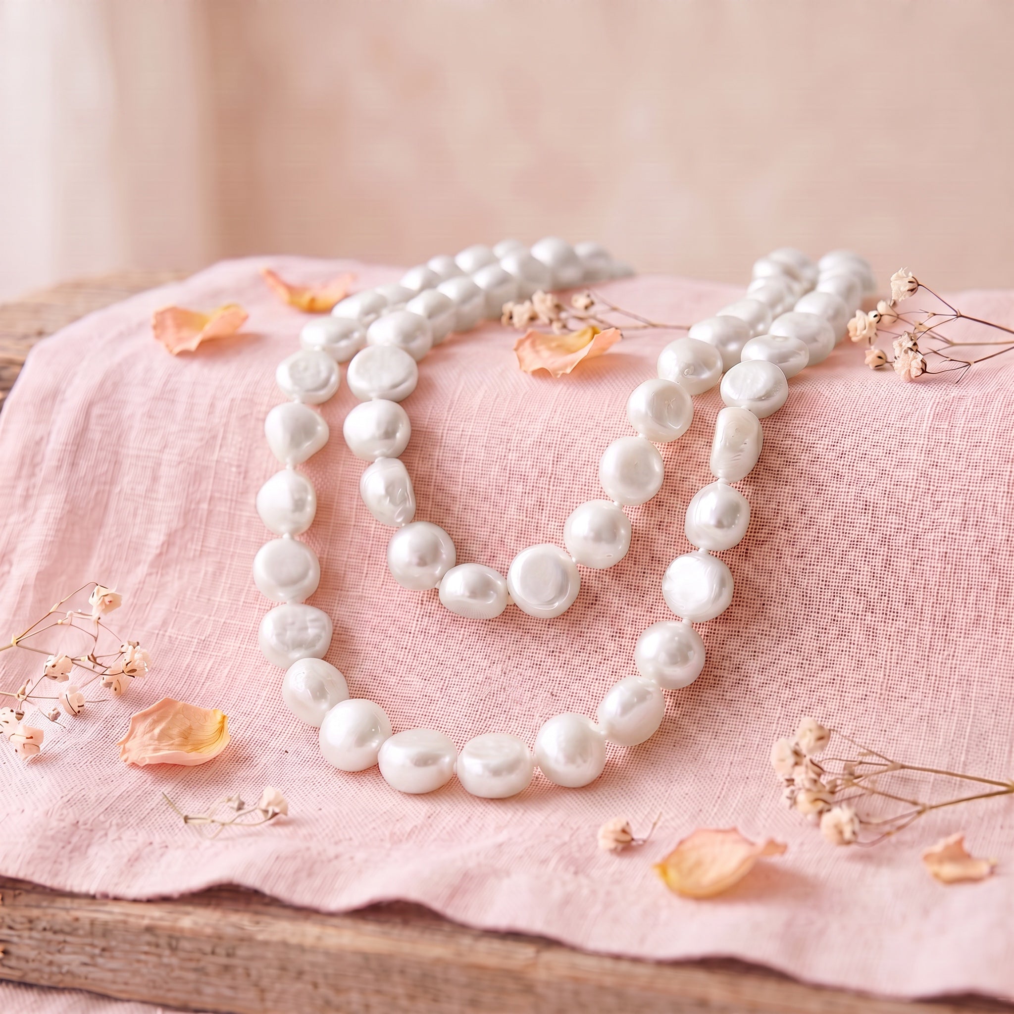 Blue Dragonfly Creations hand-knotted white baroque freshwater pearl necklace on a pink linen cloth with flower petals.