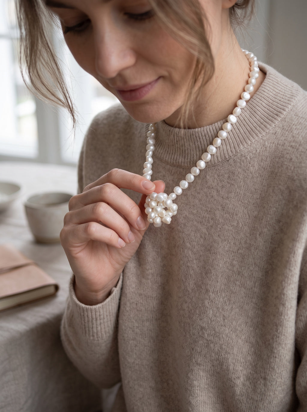 Blue Dragonfly Creations hand-knotted white baroque freshwater pearl necklace worn by a woman in a beige sweater.