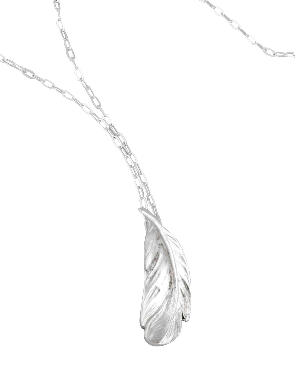 Blue Dragonfly Creations fine silver feather pendant necklace with delicate textured details on a sterling silver chain