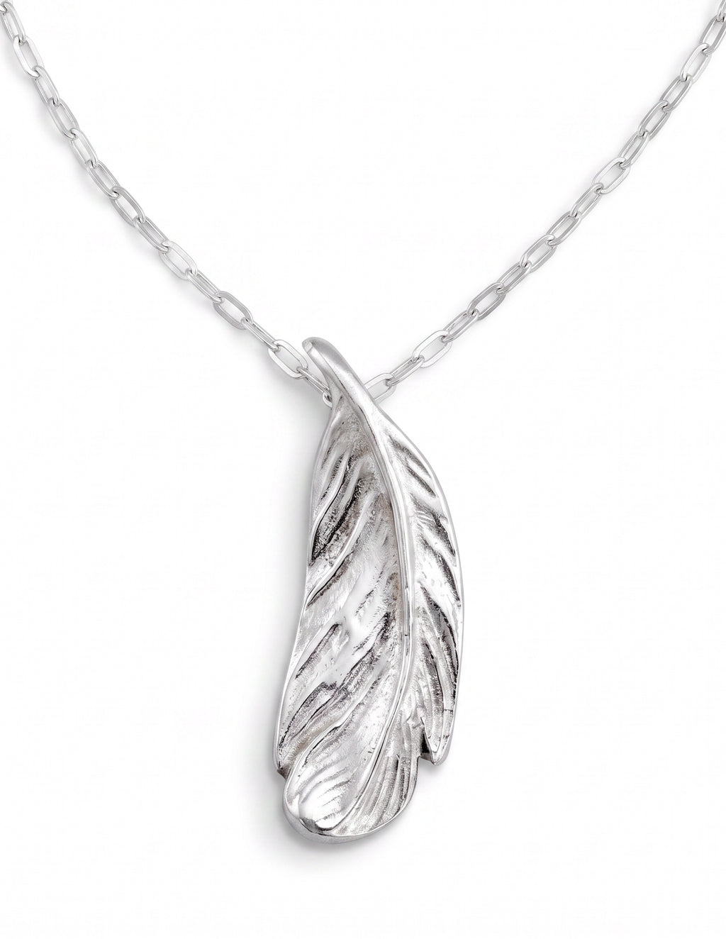 Blue Dragonfly Creations handcrafted fine silver feather pendant necklace with delicate textured details on a chain
