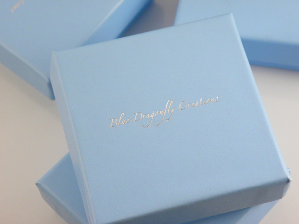 Blue Dragonfly Creations branded light blue gift box for jewelry packaging