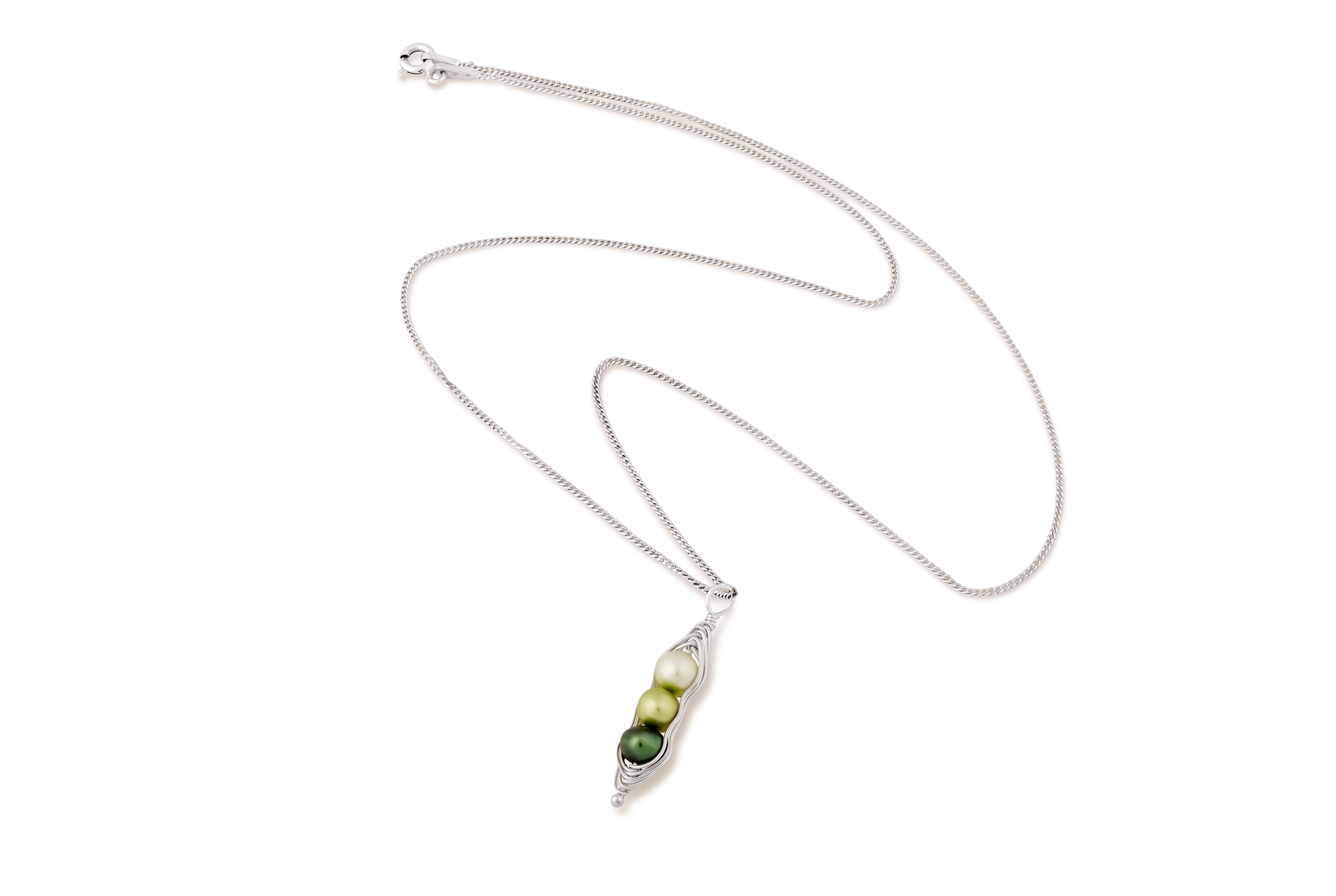 Blue Dragonfly Creations pea pod necklace with three green freshwater pearls in a hand-woven sterling silver wire pod.