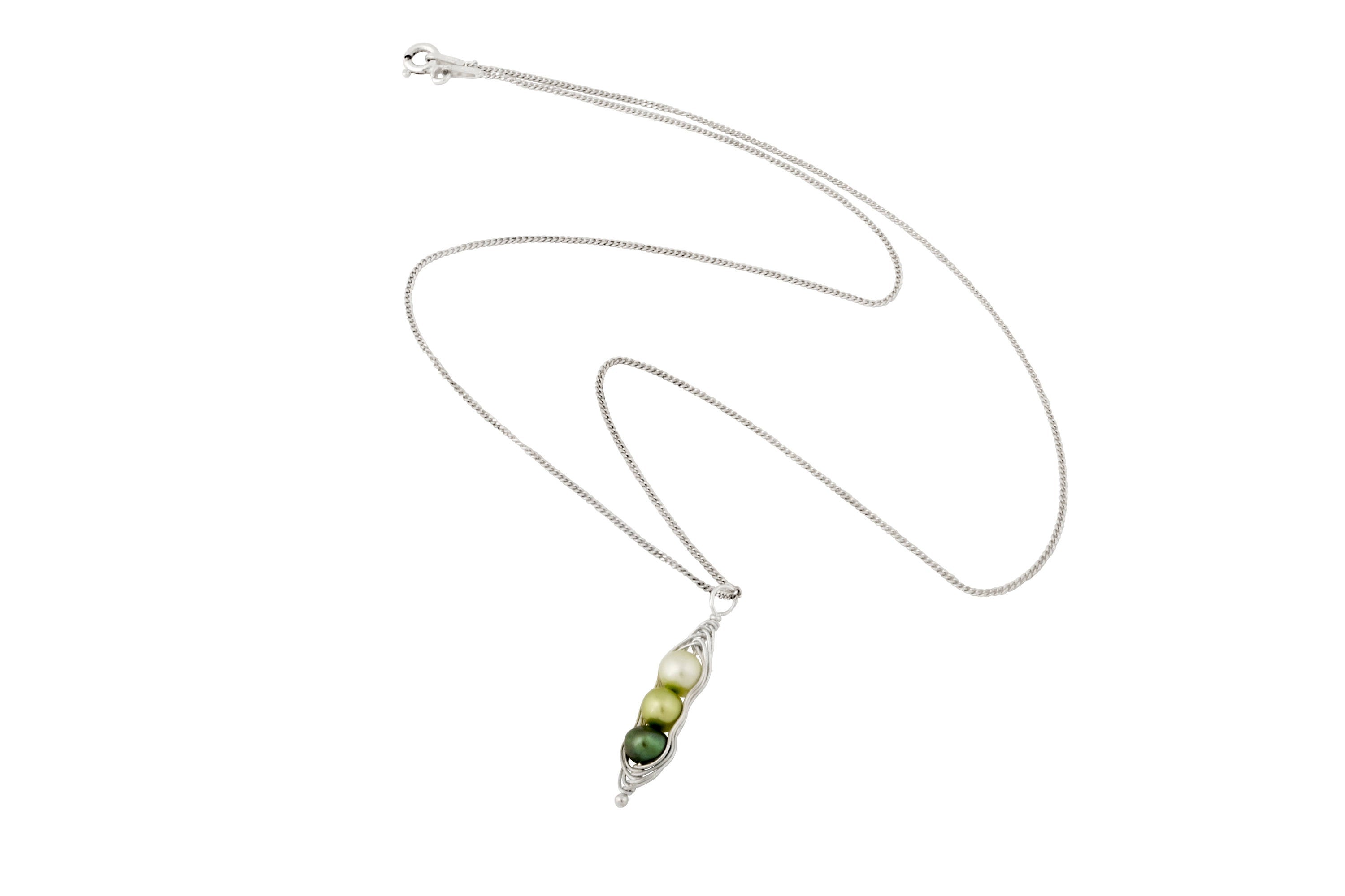 Blue Dragonfly Creations sterling silver pea pod necklace with three green freshwater pearls in a wire-wrapped pendant.