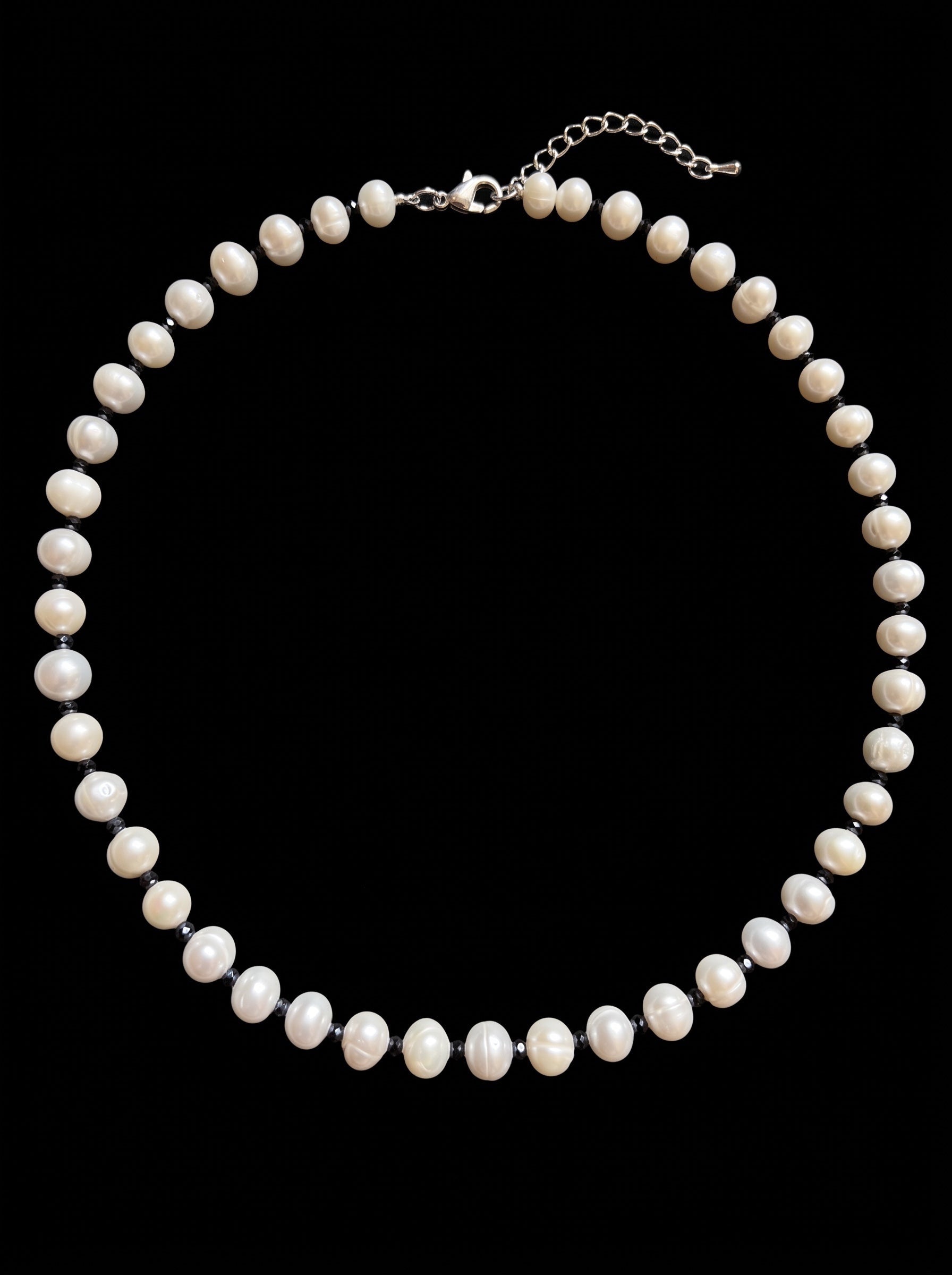 Blue Dragonfly Creations white freshwater pearl necklace with faceted black beads and sterling silver clasp