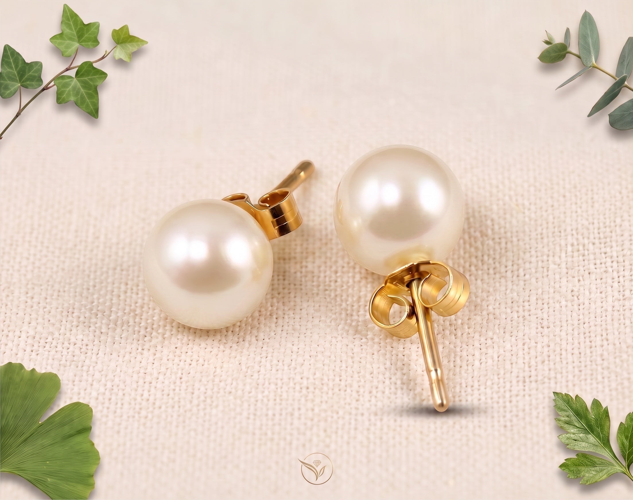Blue Dragonfly Creations round white freshwater pearl stud earrings set in yellow gold with butterfly backs