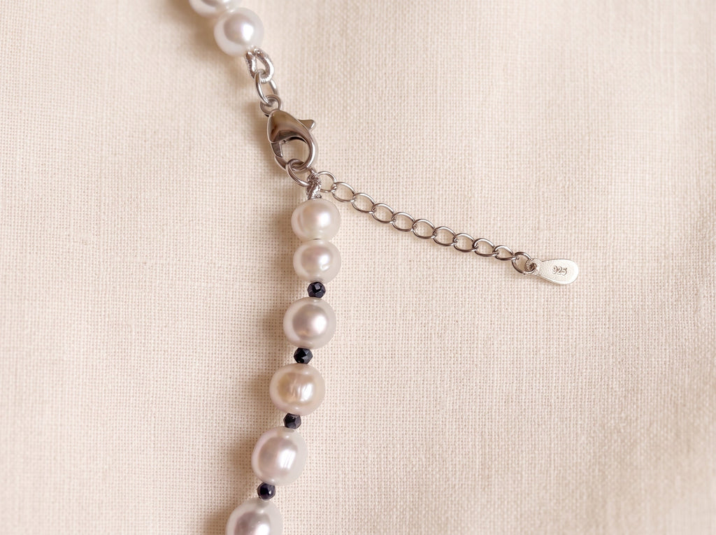 Blue Dragonfly Creations freshwater pearl necklace with black beads and sterling silver clasp and extender chain