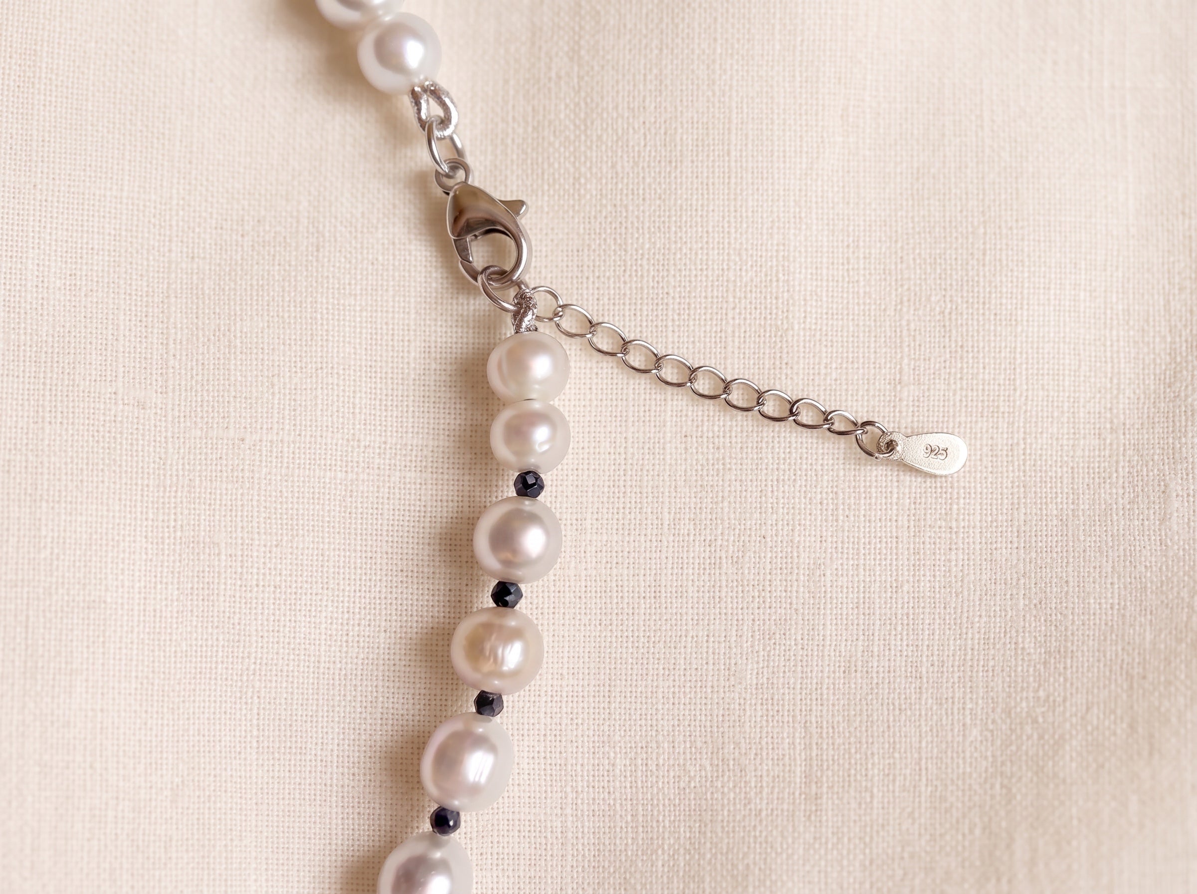 Blue Dragonfly Creations freshwater pearl necklace with black beads and sterling silver clasp and extender chain
