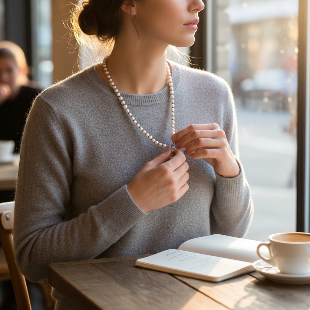 Blue Dragonfly Creations freshwater pearl necklace with black beads worn by a woman in a grey sweater at a cafe.