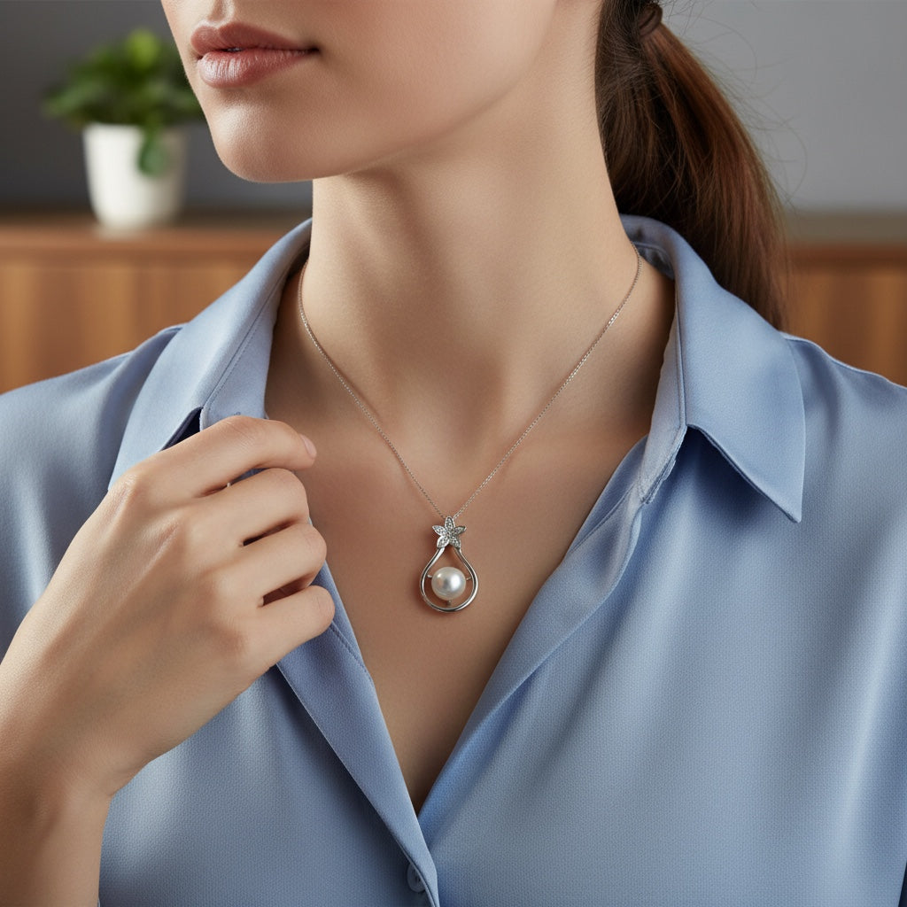 Blue Dragonfly Creations sterling silver pendant necklace with a freshwater pearl and crystal flower design.