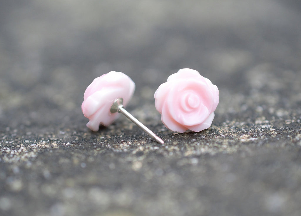Blue Dragonfly Creations pink rose flower stud earrings carved from natural shell with sterling silver posts