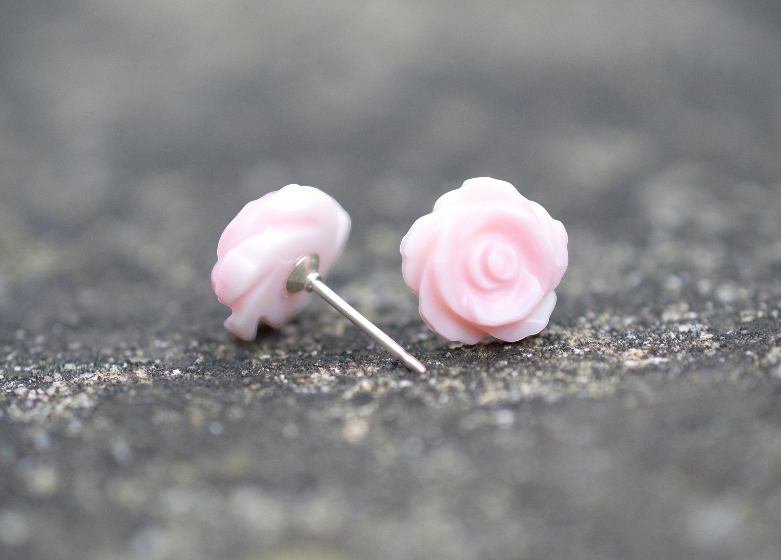 Blue Dragonfly Creations pink rose flower stud earrings carved from natural shell with sterling silver posts