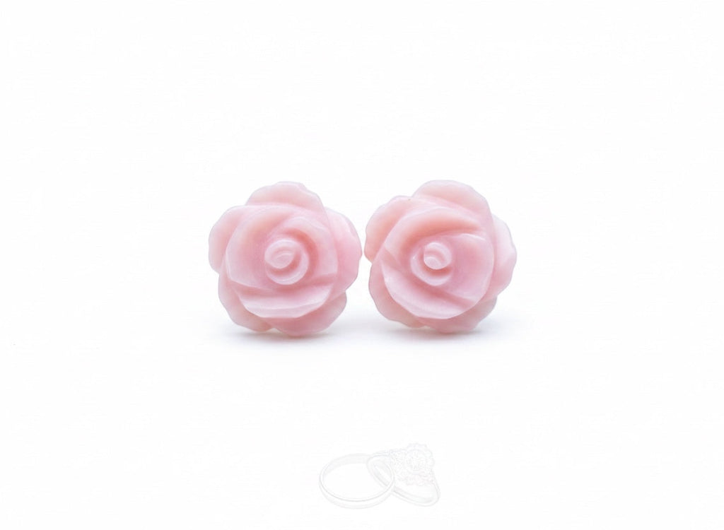 Blue Dragonfly Creations pink rose flower stud earrings carved from natural shell with sterling silver posts