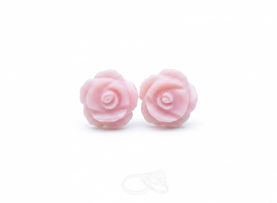 Blue Dragonfly Creations pink rose flower stud earrings carved from natural shell with sterling silver posts