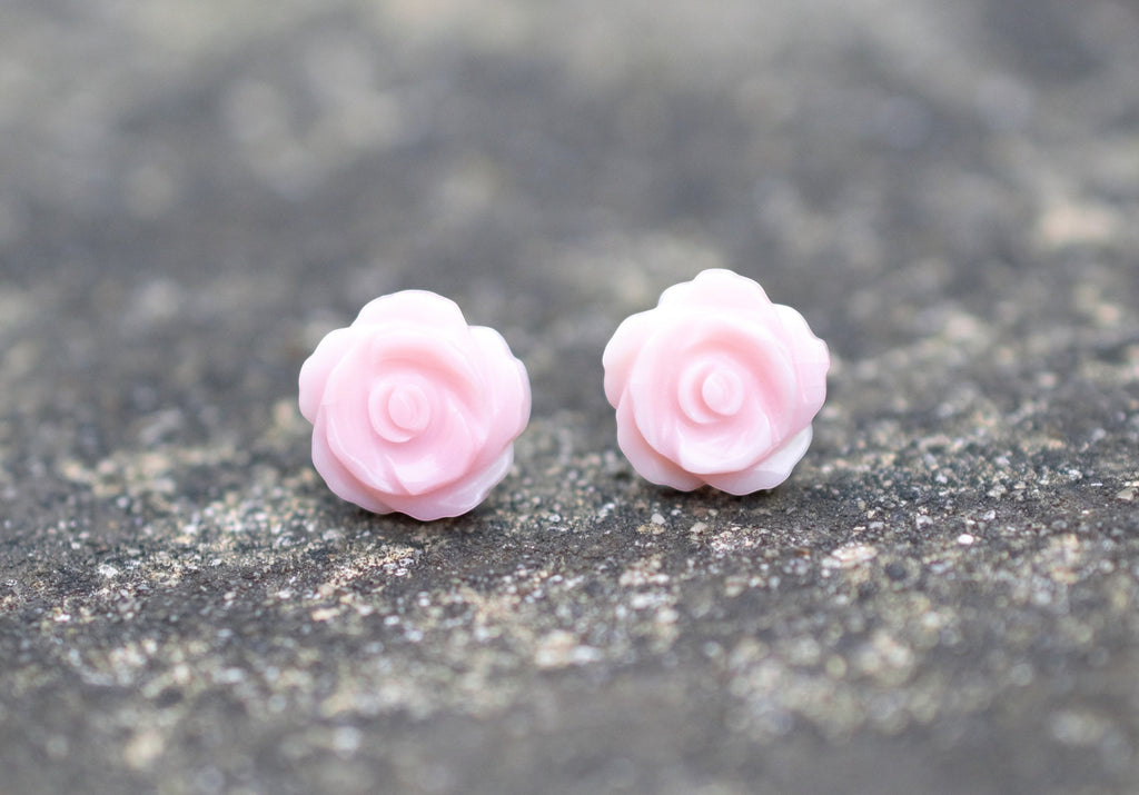 Blue Dragonfly Creations pink rose flower stud earrings carved from natural shell with sterling silver backs