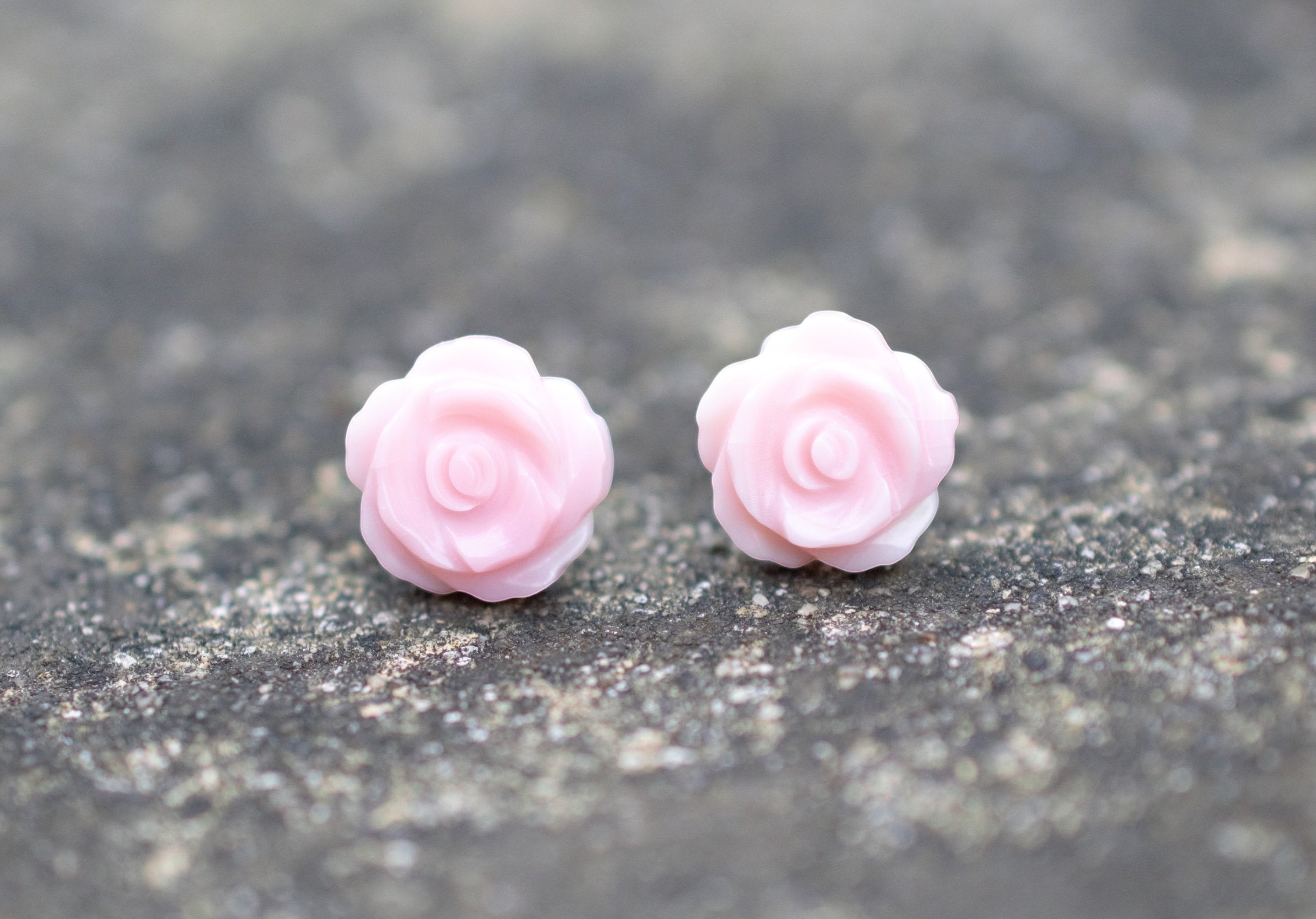 Blue Dragonfly Creations pink rose flower stud earrings carved from natural shell with sterling silver backs