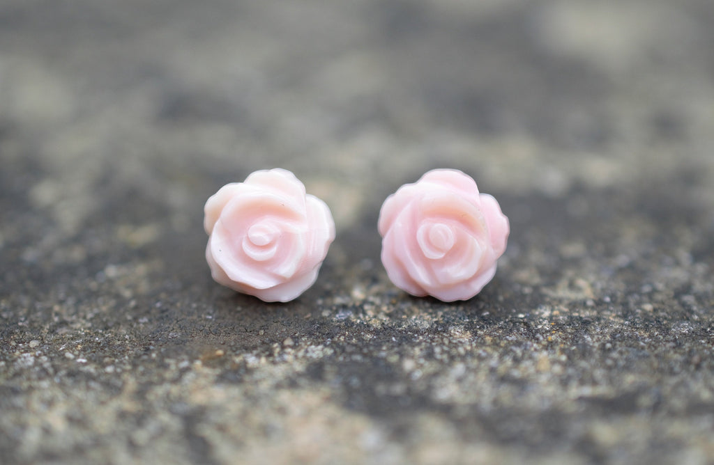 Blue Dragonfly Creations pink carved shell rose flower stud earrings with 925 sterling silver posts