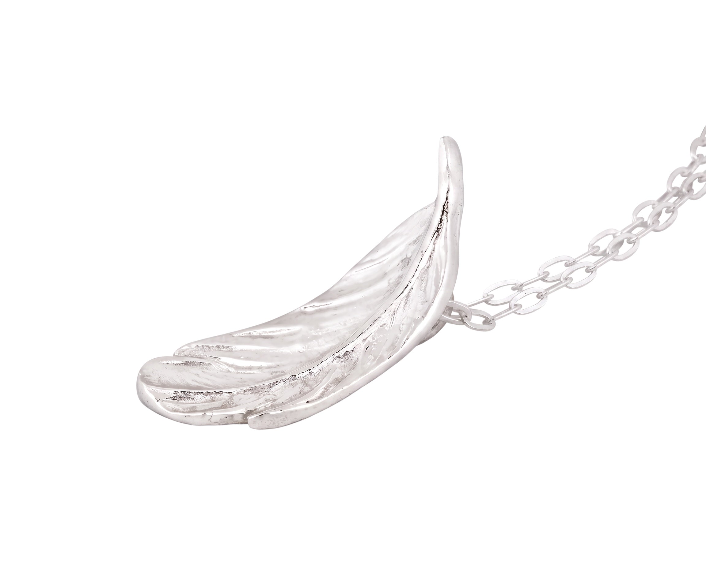 Blue Dragonfly Creations fine silver feather pendant necklace with delicate textured details on a sterling silver chain
