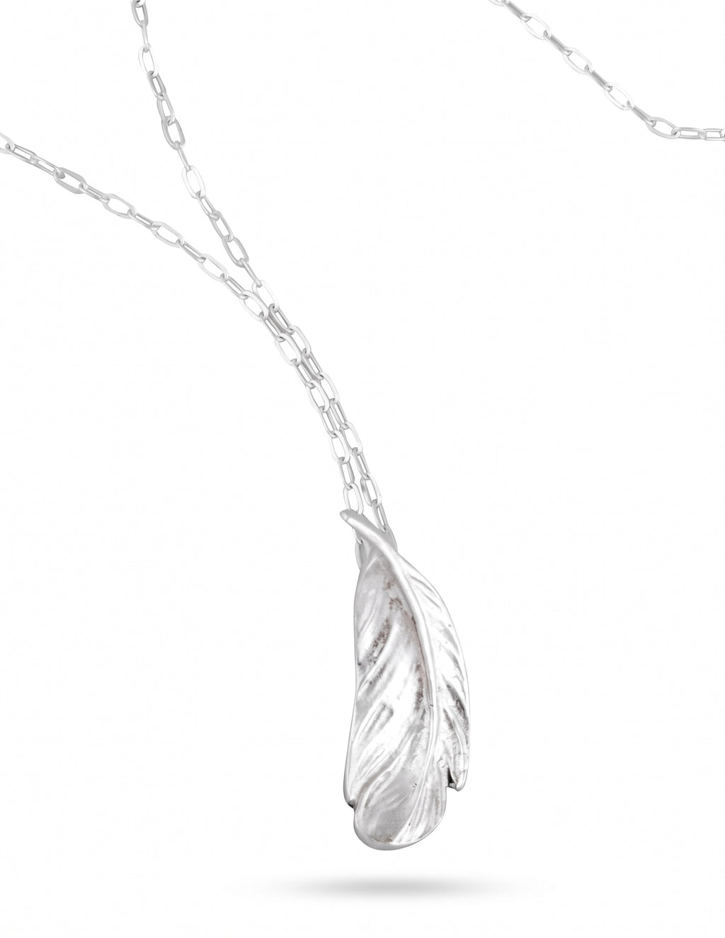 Blue Dragonfly Creations fine silver feather pendant necklace with delicate textured details on a sterling silver chain