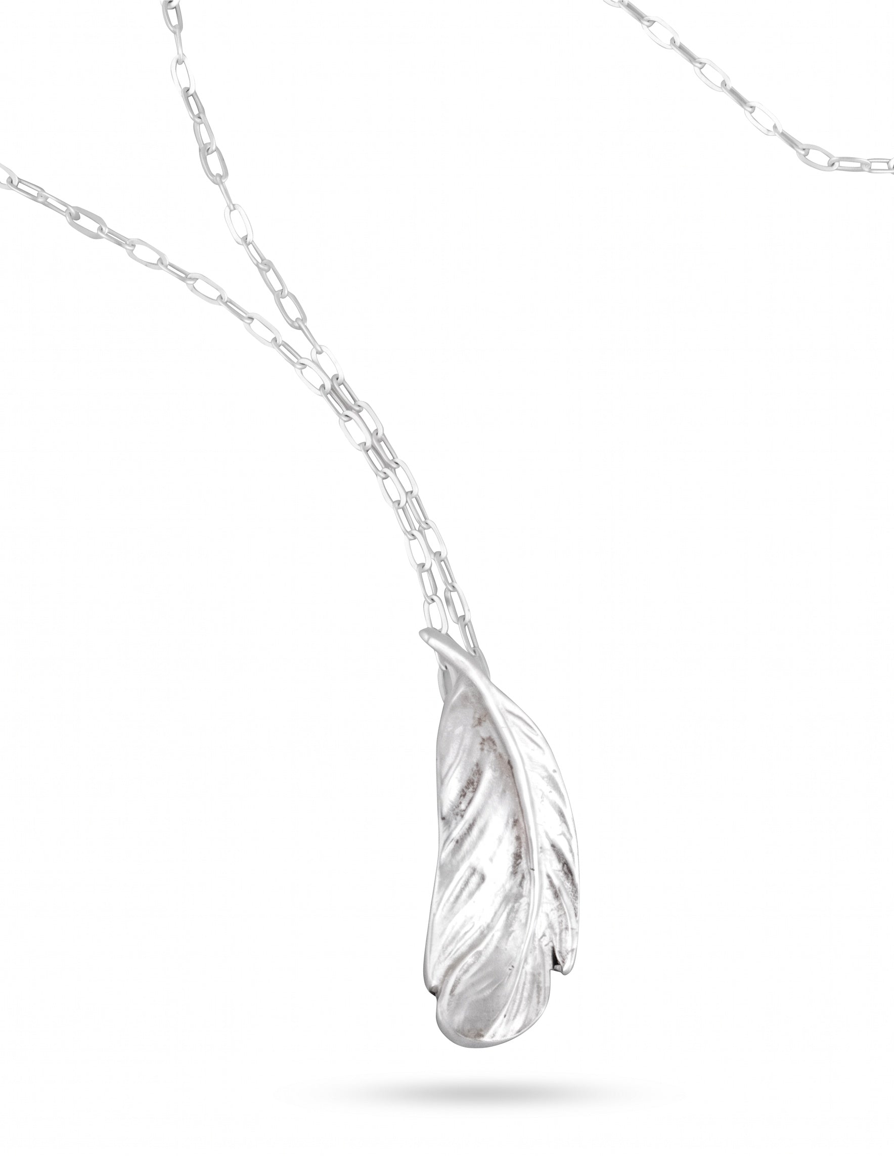 Blue Dragonfly Creations fine silver feather pendant necklace with delicate textured details on a sterling silver chain