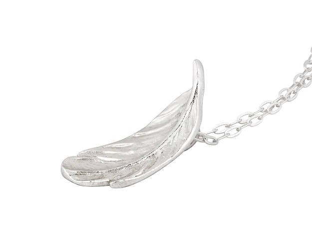 Blue Dragonfly Creations fine silver feather pendant necklace with detailed texture and curved floating design
