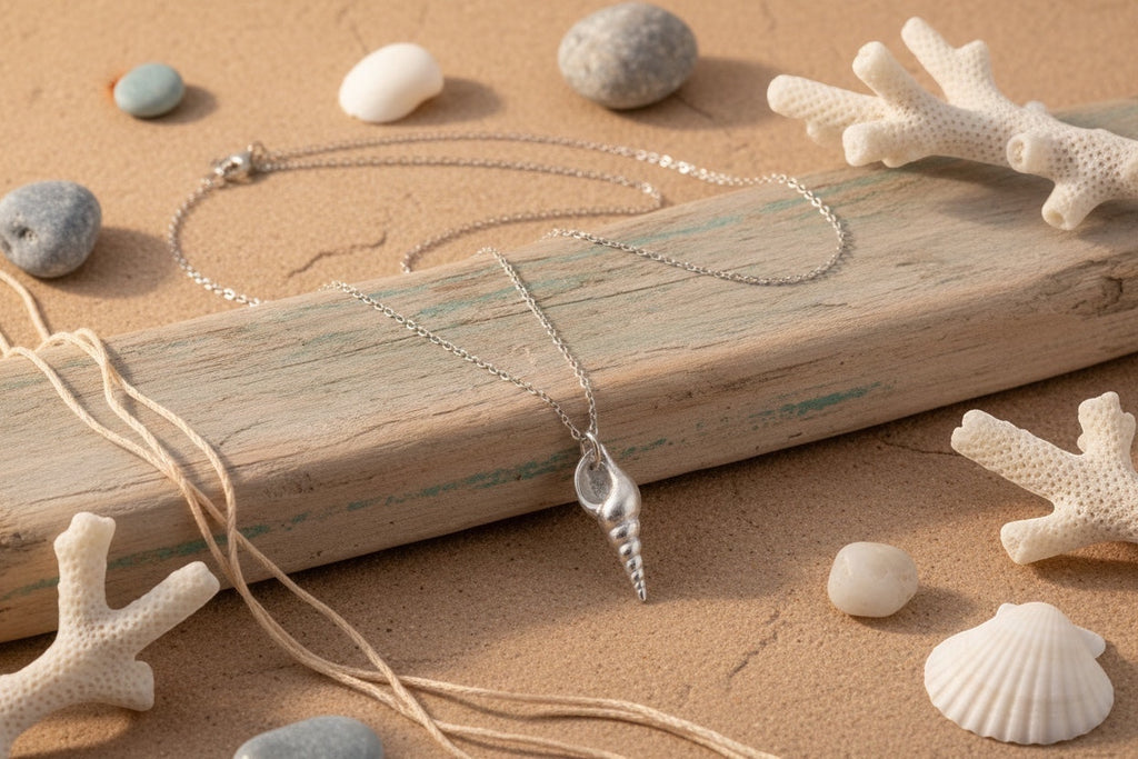 Blue Dragonfly Creations fine silver seashell pendant on a delicate sterling silver chain resting on driftwood.