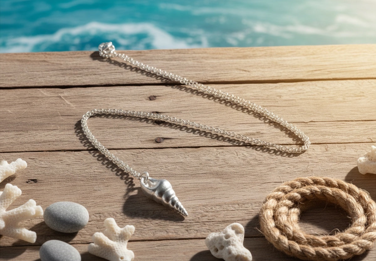 Blue Dragonfly Creations fine 999 silver seashell pendant on a delicate sterling silver chain on a wooden surface