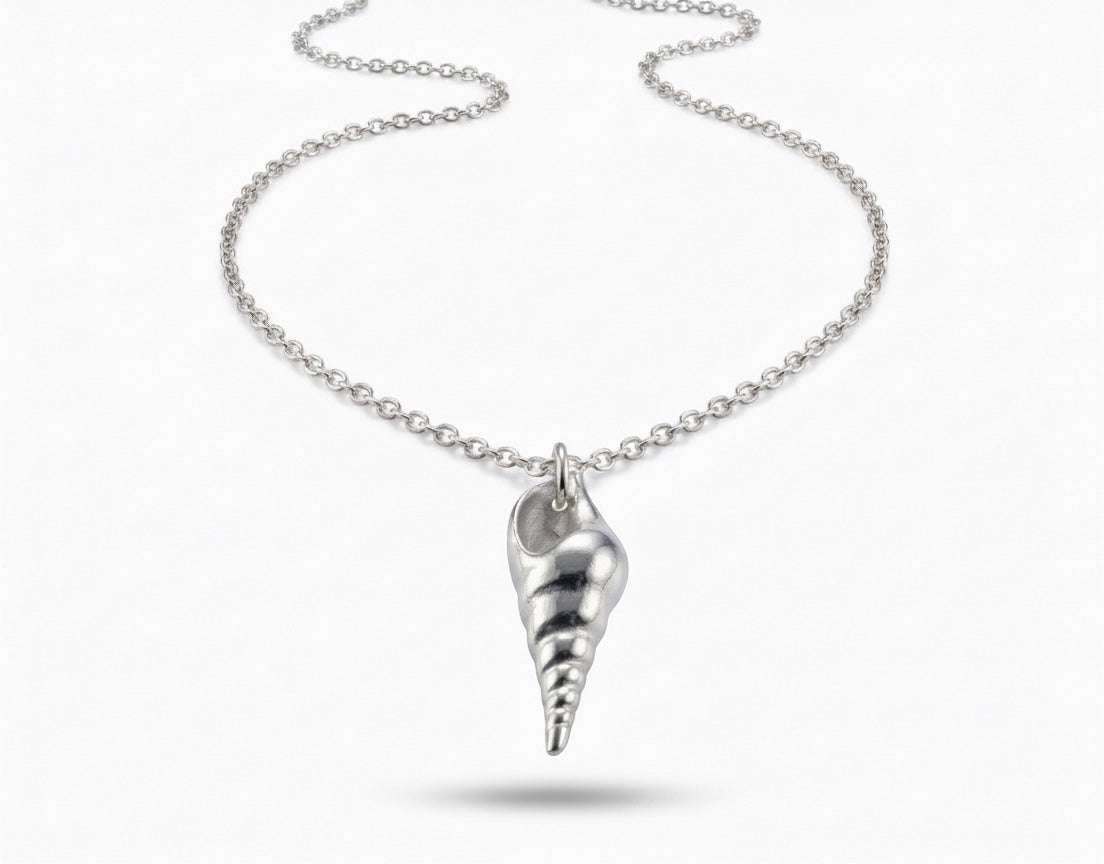 Blue Dragonfly Creations fine 999 silver seashell pendant necklace with a polished finish on a sterling silver chain.