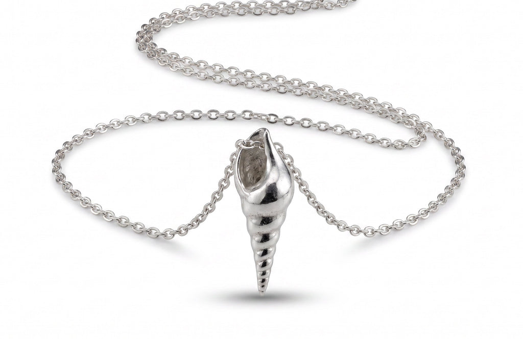 Blue Dragonfly Creations fine 999 silver seashell pendant necklace with a polished finish on a sterling silver chain.