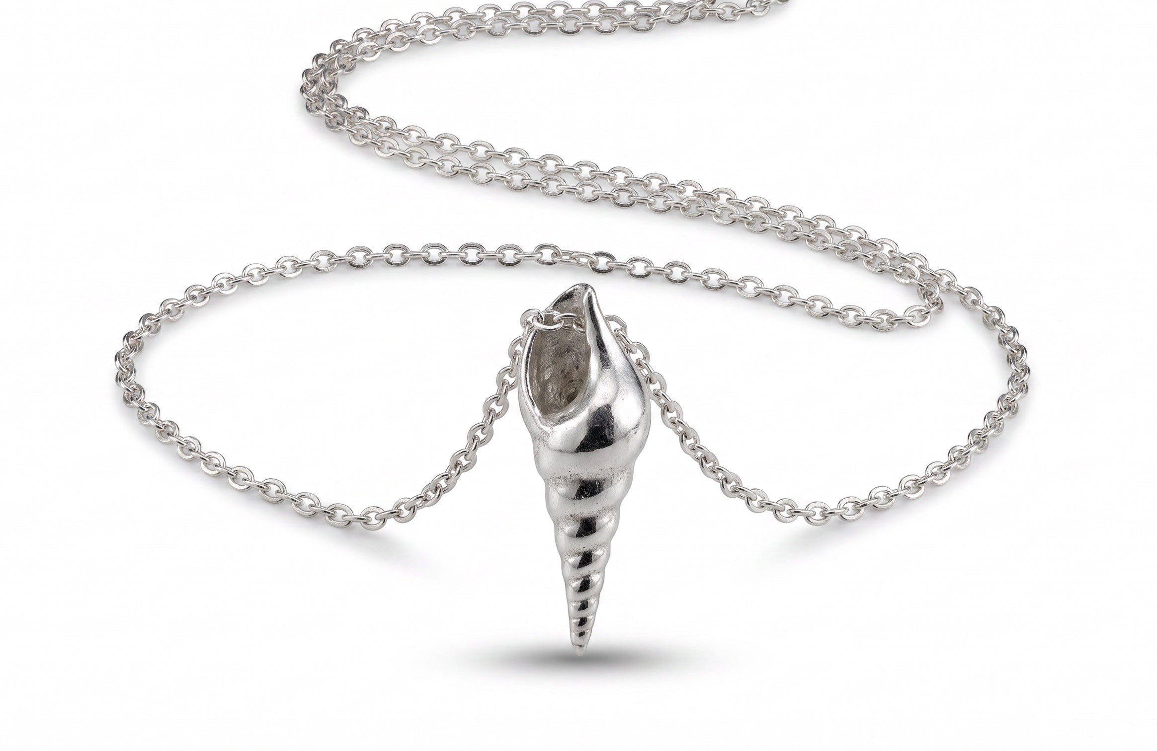 Blue Dragonfly Creations fine 999 silver seashell pendant necklace with a polished finish on a sterling silver chain.