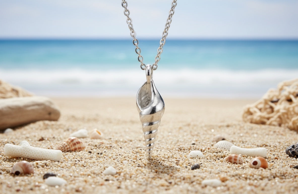 Blue Dragonfly Creations fine 999 silver seashell pendant necklace on a sterling silver chain on a sandy beach