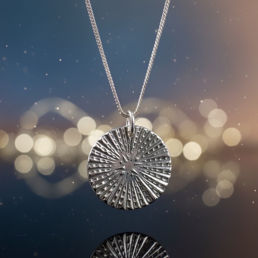 Blue Dragonfly Creations handcrafted fine silver sunburst disc pendant necklace on a sterling silver chain