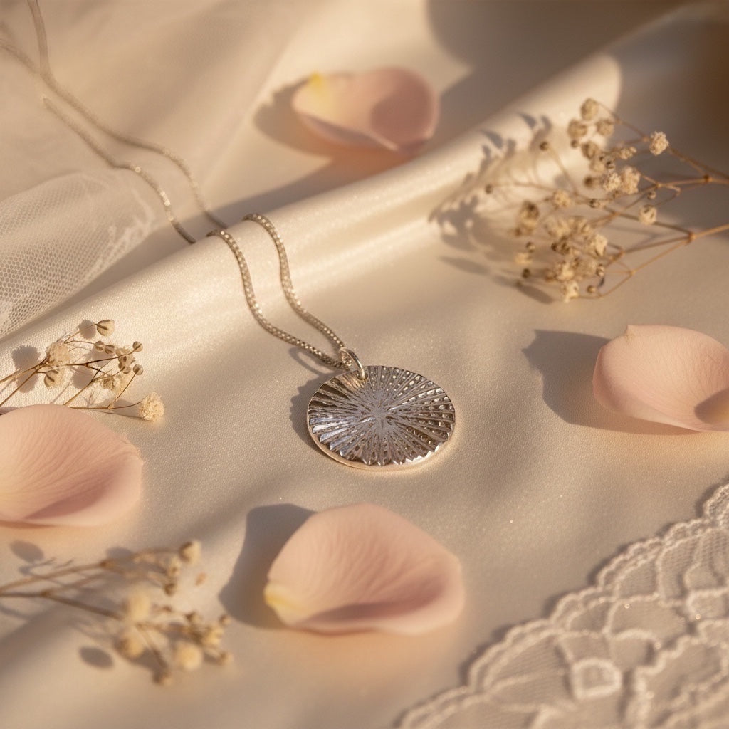 Blue Dragonfly Creations Radiant Sunburst disc pendant necklace in 999 fine silver resting on soft satin with petals.