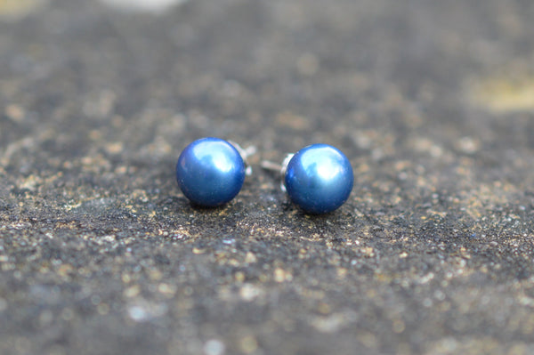 7-8 mm AAA Blue Fresh Water Pearl Stud Earrings on Sterling Silver