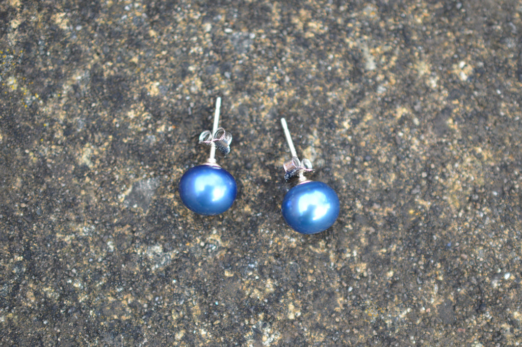 7-8 mm AAA Blue Fresh Water Pearl Stud Earrings on Sterling Silver