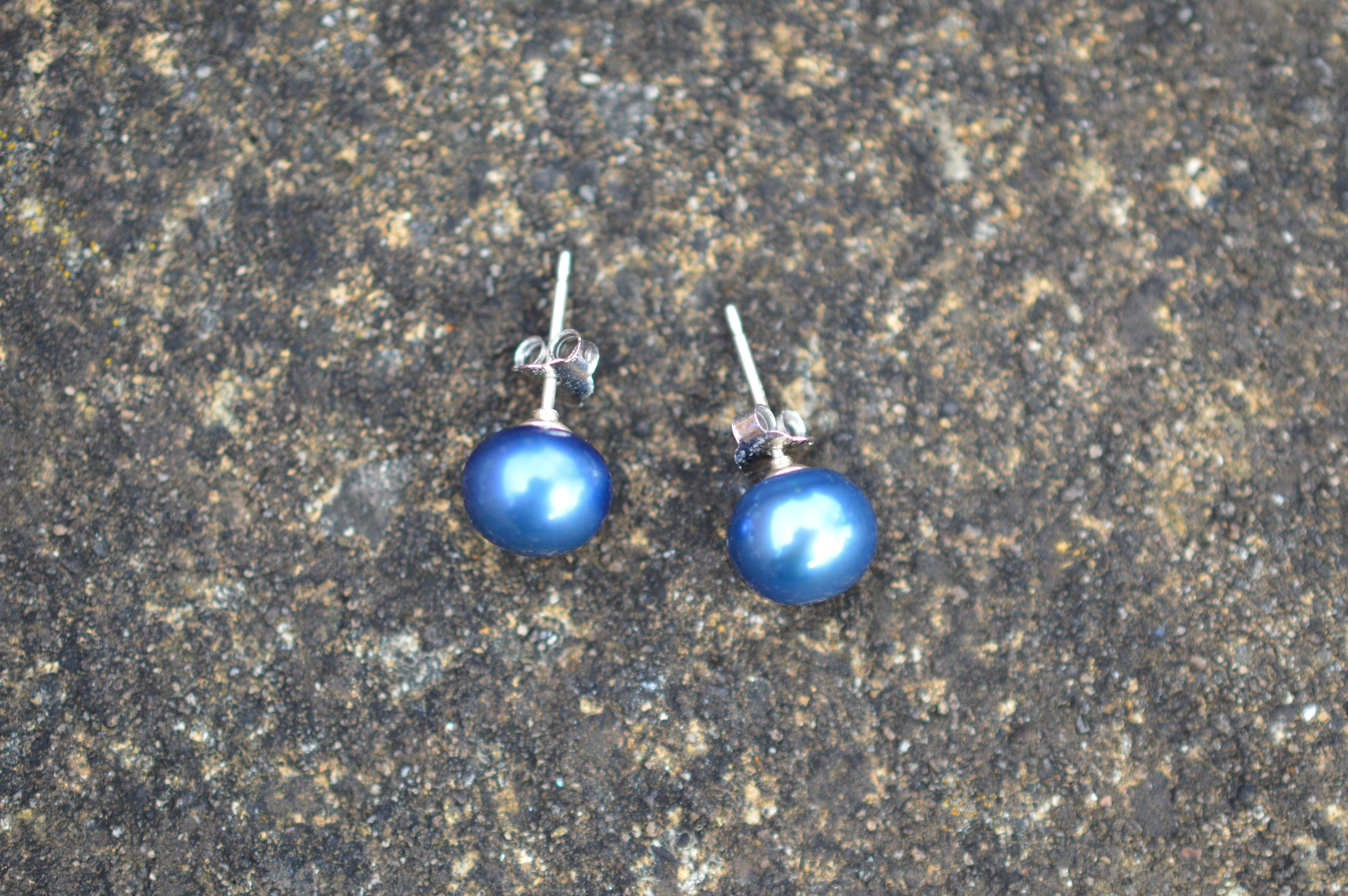 7-8 mm AAA Blue Fresh Water Pearl Stud Earrings on Sterling Silver